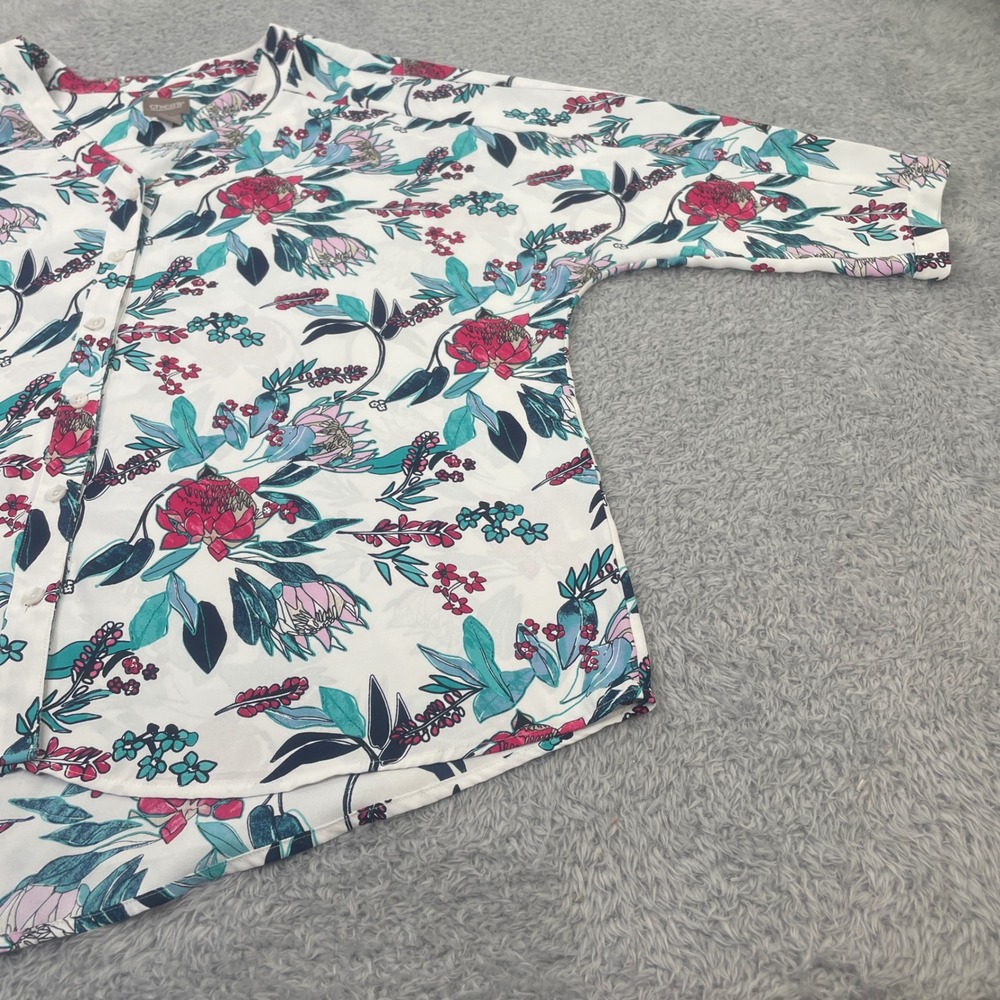 Chico's Button Front Blouse Womens 2 White Floral Tropical Short Dolman Sleeve - Picture 3 of 6